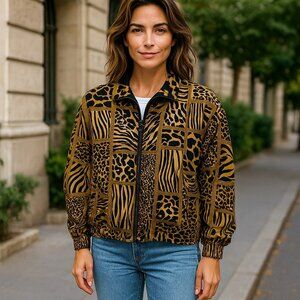 Lady Bear Womens Large Brown Animal Print Silk Full Zip Jacket Coat Size L